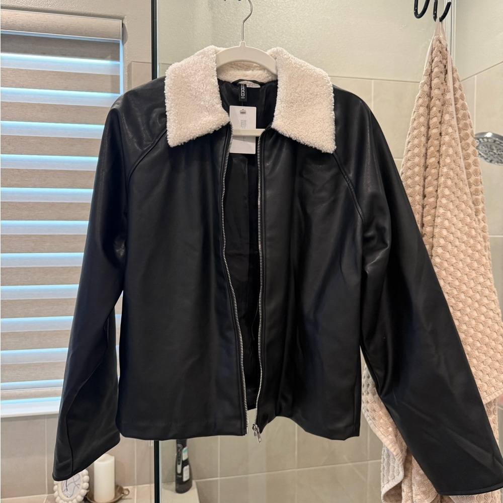 H&M Faux Leather Bomber Jacket with White Sherpa Collar